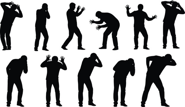 Set of black silhouettes showing a man in various states of fear panic and distress isolated on white background