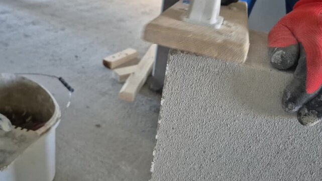 Slow motion close up of sanding an autoclaved aerated concrete block with dust particles flying in the air.
