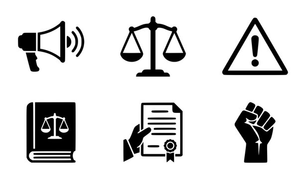 Set of black flat icons representing justice law and public awareness concepts minimal vector illustration