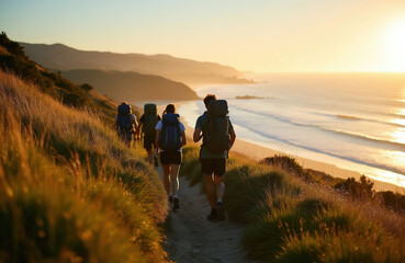 Obraz premium Group of friends hike a coastal path during golden hour. People with backpacks walk near sea and mountains at sunset. Enjoying outdoor adventure and nature scenery.