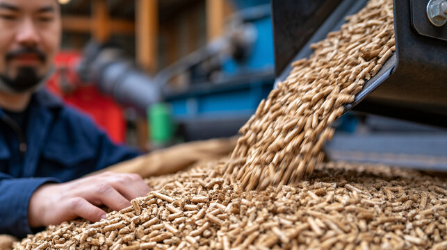 Biomass pellet production line inside a rural processing facility, golden wood pellets cascading down a metal chute into a bulk bag, a worker in a dust mask adjusting the feed rate, perfect for biof