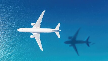 Fototapeta premium commercial airplane flying above drone shadow over ocean travel concept