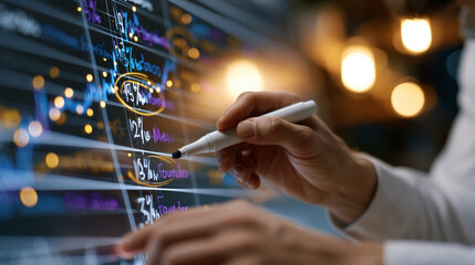 Fototapeta premium Close-up of hands drawing a cap table on a whiteboard, percentages and founder names in different marker colors, some circled aggressively, a negotiation mid-visualization, warm room light behind, p