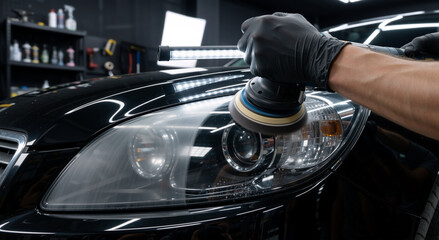 Worker polishing car headlight with orbital machine. Auto detailing professional restoring plastic lens in dark garage. Vehicle maintenance and care concept