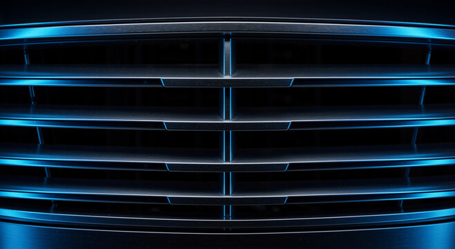 Close up of a modern car grille illuminated by blue light. Metallic horizontal slats on a dark background. Automotive exterior detail