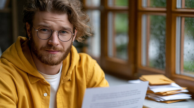 Founder reading a single-page rejection letter at a window, spring rain outside, stack of similar envelopes on the sill, expression not defeated but calculating, ideal for startup failure resilience