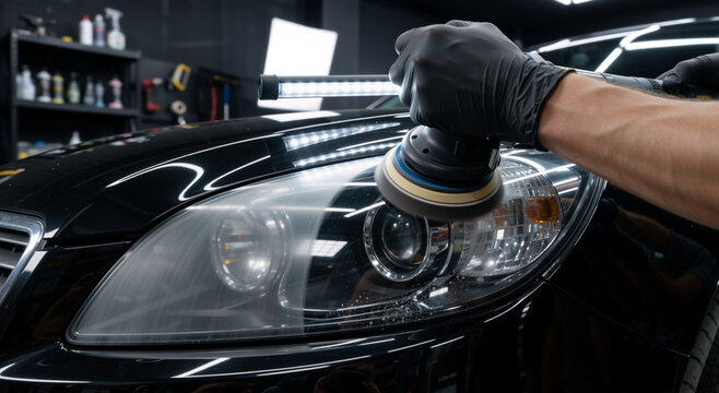 Worker polishing car headlight with orbital machine. Auto detailing professional restoring plastic lens in dark garage. Vehicle maintenance and care concept