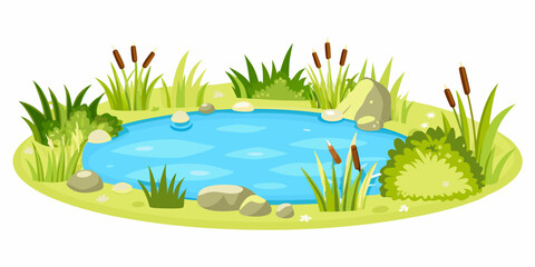 cartoon pond with blue water and green vegetation © Rathindranath