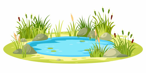 Cartoon pond with blue water and green vegetation © Rathindranath