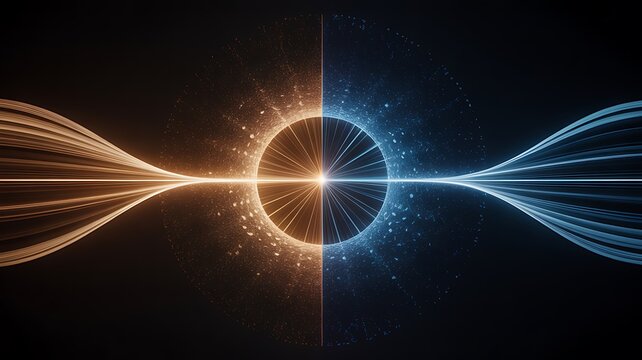 Abstract portal with diverging orange and blue light streams abstract movement