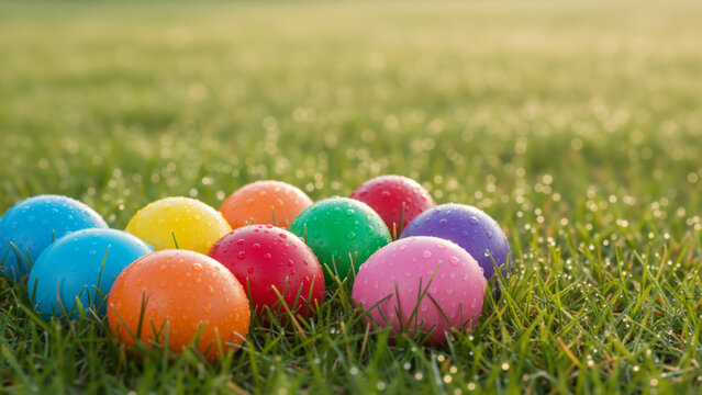 Colorful round eggs covered in water drops sitting in green grass. Vibrant wet plastic balls on lawn in morning sunlight. Spring season and Easter holiday background
