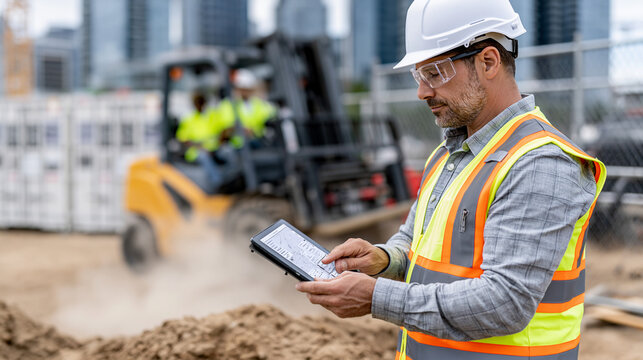 Modular battery energy storage units being delivered by forklift to a new construction site, bright safety vests, dust in the air, a project manager reviewing digital plans on a tablet, urban skylin