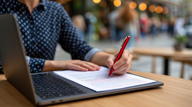 Single professional in a caf&eacute; corner, laptop open to a legal equity split document, annotating margins with a red pen, furrowed concentration, ambient urban noise suggested by blurred background foo