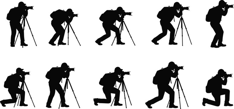 Professional photographer silhouettes set using DSLR cameras on tripods with backpacks isolated on white background for nature photography