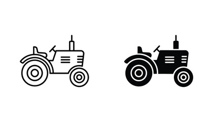 Minimalist farm tractor icon set in line art and solid silhouette style for agriculture and farming industry design © Math