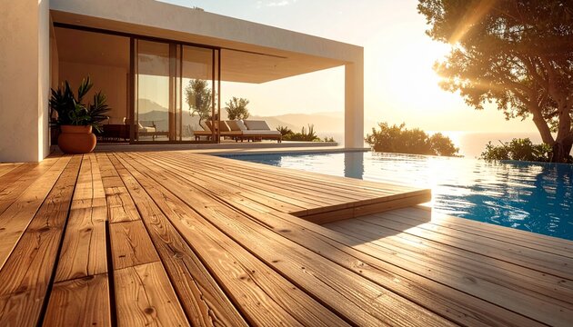 Holzdeck am Pool mediterranes Ferienhaus Detail