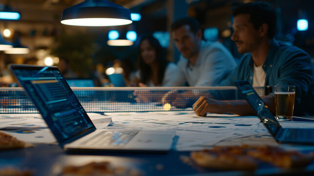 Startup office ping-pong table repurposed as a crisis war room, papers covering every inch, laptops open, half-eaten food around the edges, three founders mid-debate under bright overhead light, ide