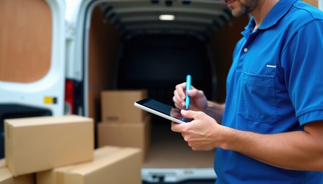 Man in blue uniform uses tablet computer. Delivery van filled with cardboard boxes. Courier confirms package shipment digitally. Logistics and service work.
