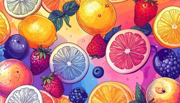 A vibrant and dynamic seamless pattern showcasing a colorful medley of fresh citrus fruits and berries, perfect for a cheerful background