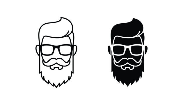 Modern male hipster avatar illustration showcasing a full beard stylish mustache glasses and fashionable hair outline and solid