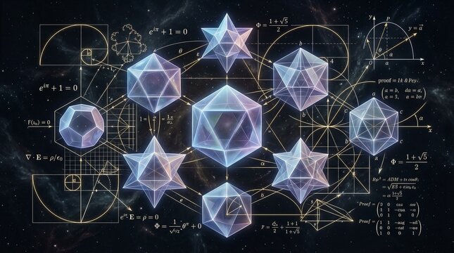 Cosmic sacred geometry featuring crystalline platonic solids and golden ratio spirals with complex mathematical formulas in deep space.