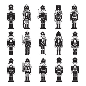 Black and white vector set of traditional nutcracker toy soldiers. Ideal for Christmas holiday designs and festive winter graphics