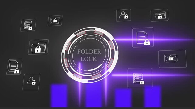 Advanced cyber security folder lock digital interface featuring animated data encryption and glowing neon purple light effects for corporate network protection and secure