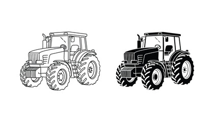 Professional farm tractor icons displayed in outline and solid black silhouette styles for agricultural industry branding and heavy machinery graphic design elements on isolated white background © Math