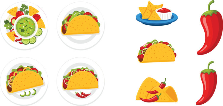 Mexican cuisine food vector illustration set featuring beef and chicken tacos nachos with guacamole red chili peppers and salsa for restaurant menu and cinco de mayo branding.