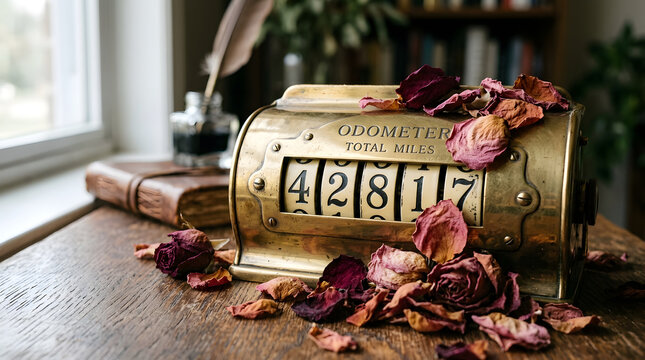  "Conceptual still life: an old mechanical odometer (like in a car) made of polished brass, but instead of kilometers, it displays the number 42,817. The odometer is partially covered in dried rose pe