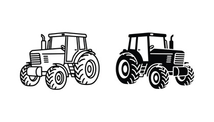 Heavy duty farm tractor icon in both outline and solid black silhouette styles for agricultural industry and rural machinery graphic design assets on a clean white background © Math