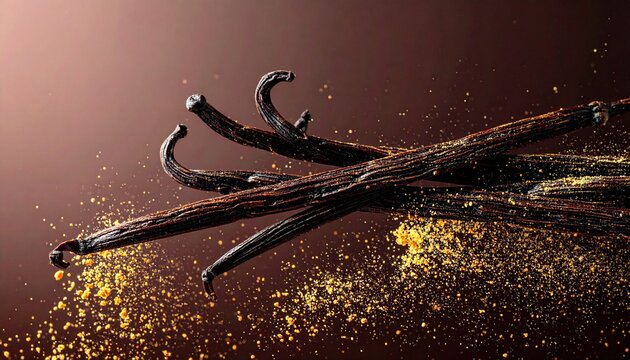 Dark vanilla pods on wooden surface with bright yellow vanilla flower, golden particles scattered around, striking contrast highlighting natural origin and flavor.
