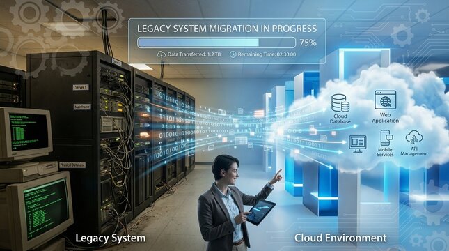 Professional IT expert managing legacy system migration to modern cloud environment with data transfer progress bar and digital services.