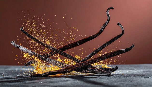 Dark vanilla pods on wooden surface with bright yellow vanilla flower, golden particles scattered around, striking contrast highlighting natural origin and flavor.