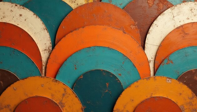 Overlapping distressed circles form a vibrant geometric pattern. Teal, orange, and terracotta hues create a retro textured background. Layers of color add depth and visual interest.