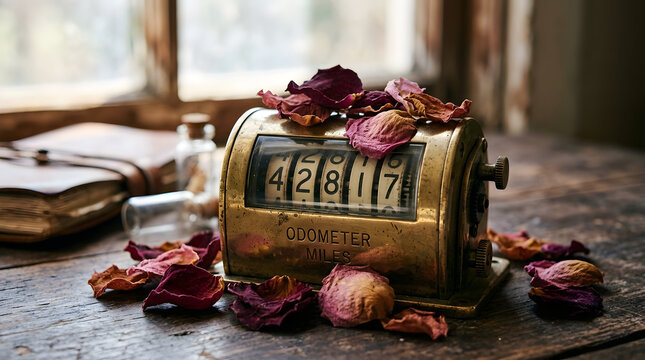  "Conceptual still life: an old mechanical odometer (like in a car) made of polished brass, but instead of kilometers, it displays the number 42,817. The odometer is partially covered in dried rose pe