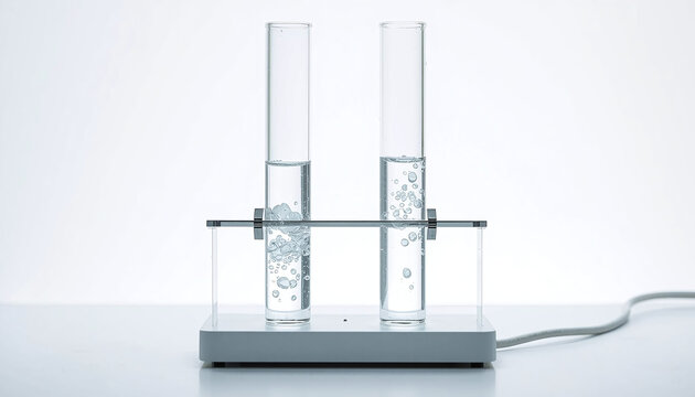 Hoffman apparatus for water electrolysis &ndash; two vertical test tubes over platinum electrodes, hydrogen and oxygen gases collecting at the top, water level dropping, isolated on solid white background