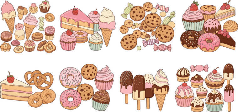 Hand drawn sweet dessert vector illustration collection featuring chocolate cake pink cupcakes donuts ice cream cones chocolate chip cookies pretzels and hard candies for bakery cafe menu.