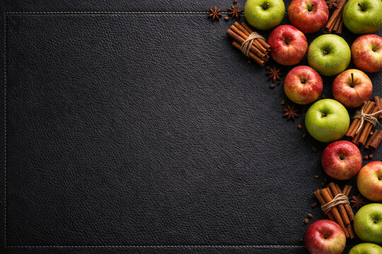 Fresh Red And Green Apples Arranged Neatly On Dark Slate Surface Bordered By Cinnamon Sticks Organic Harvest Spices Decorative Culinary Textured Flatlay Autumn Season Recipe Template
