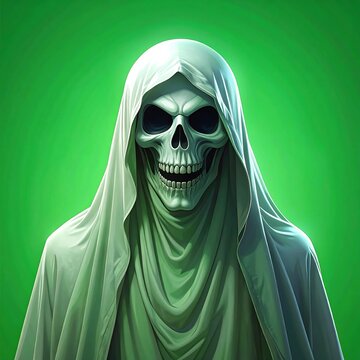 Spooky figure of death rendered in a digital illustration. The skull-faced entity wears a white shroud against a bright green backdrop