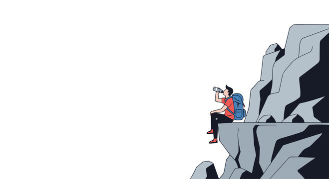 A person wearing a backpack sits on the edge of a steep, grey cliff, taking a drink from a water bottle.