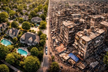 Fototapeta premium aerial view of modern residential neighborhood with swimming pools and greenery in urban area