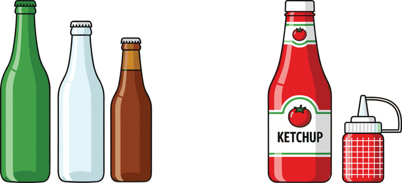 Glass bottle and condiment vector illustration set featuring green clear and brown bottles for beverages alongside tomato ketchup and a red squeeze dispenser for restaurant menu design.