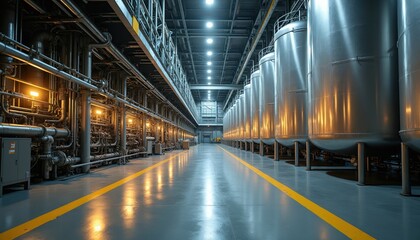 Obraz premium Modern factory interior with rows of large steel tanks and complex piping systems. Clean industrial space with yellow floor markings. Automated manufacturing plant shows advanced engineering.