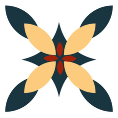 Obraz premium Graphic pattern featuring a symmetrical four-petaled floral motif in deep blue, soft yellow, and rich red colors provides a clean minimalist visual element suitable for modern artistic projects today.