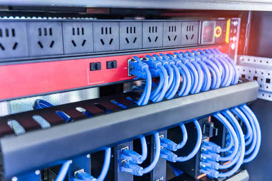 network cable connecting on network core switch close up