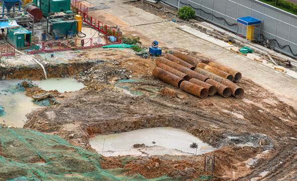 bore pile rig machine used this during drilling soil for the foundation work at construction site, aerial view.