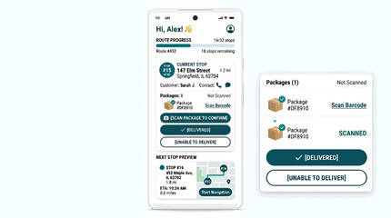 Obraz premium Delivery driver mobile application interface showing route progress, current stop details, package scanning status, and next stop preview on a smartphone screen