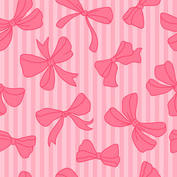 Coquette Seamless Pattern Pink Hand Drawn Stripes with Pastel cute Bow and Ribbon. Wave lines print background. Girly wrapping paper background for Valentine and Birthday. Vector illustration art