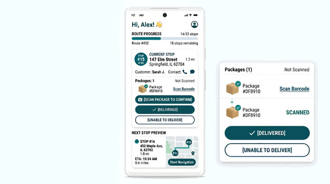 Delivery driver mobile application interface showing route progress, current stop details, package scanning status, and next stop preview on a smartphone screen